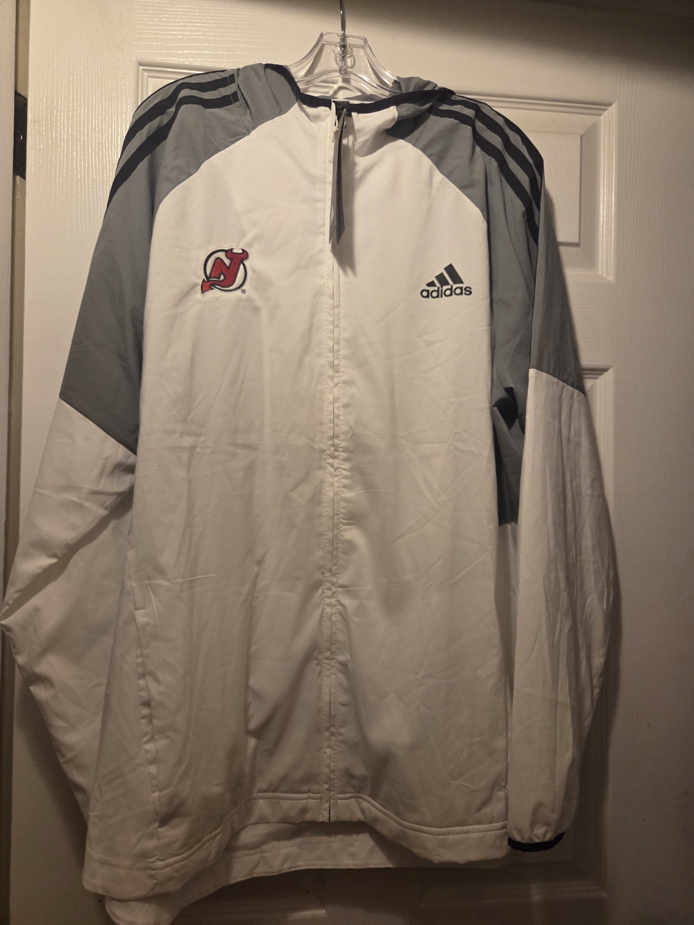 adidas White and Gray Hooded Lightweight Team Jacket with Red Logo